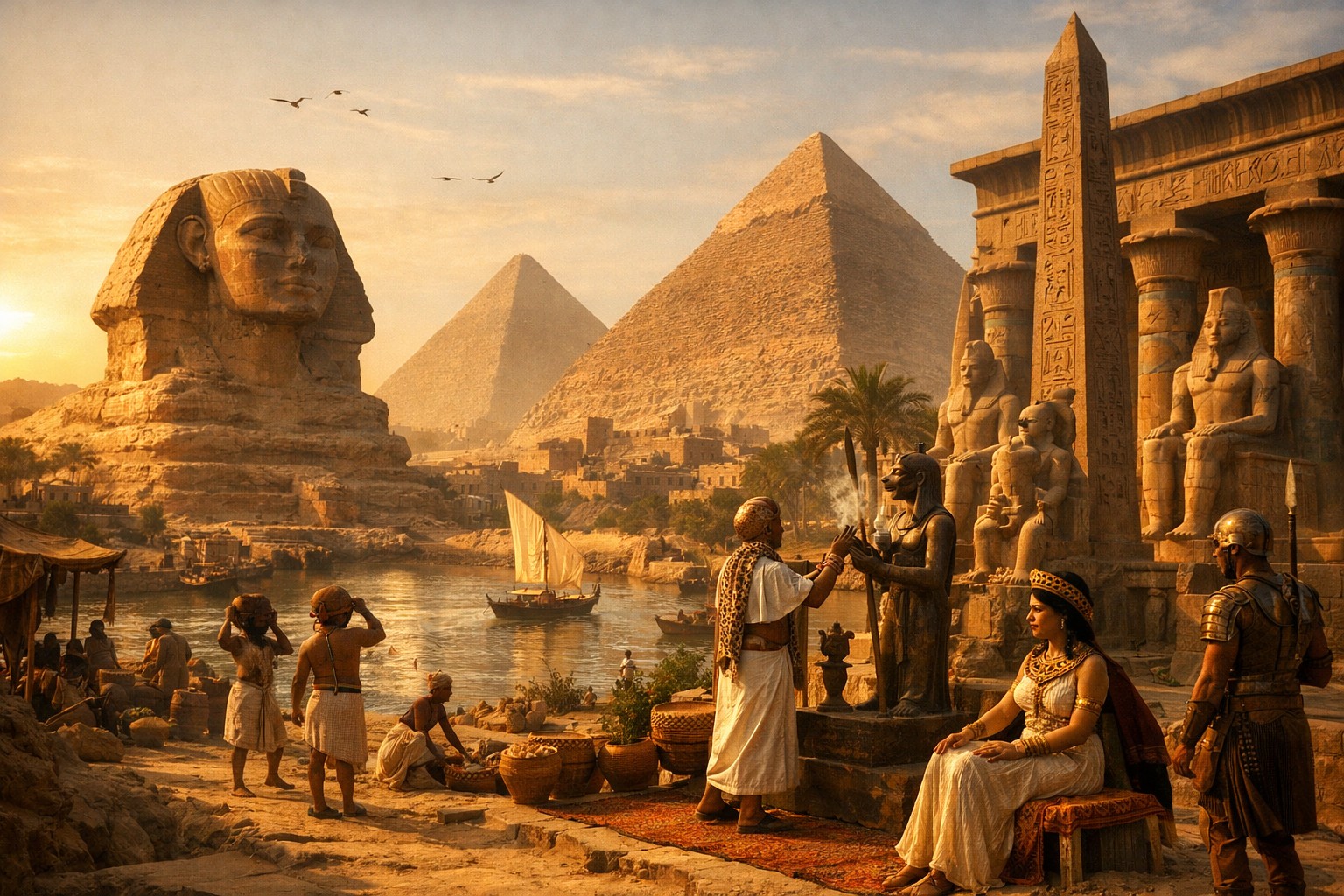 Пирамиды и сфинкс на берегу Нила