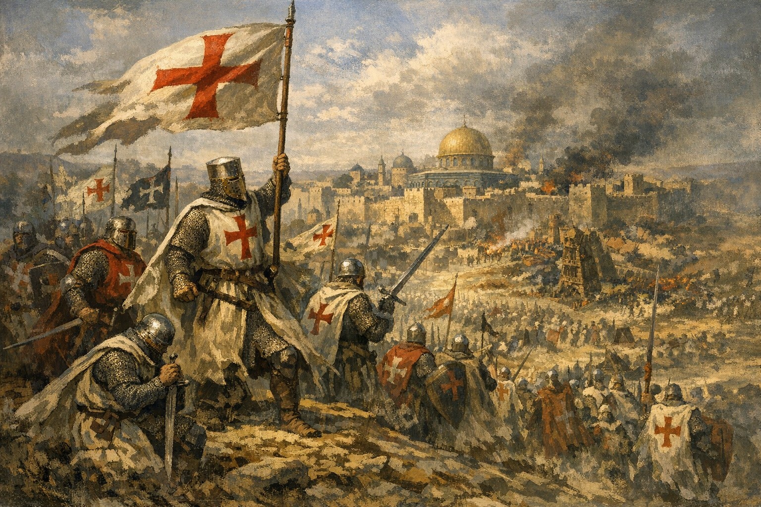 Cavaleri cruciați în fața unei fortărețe