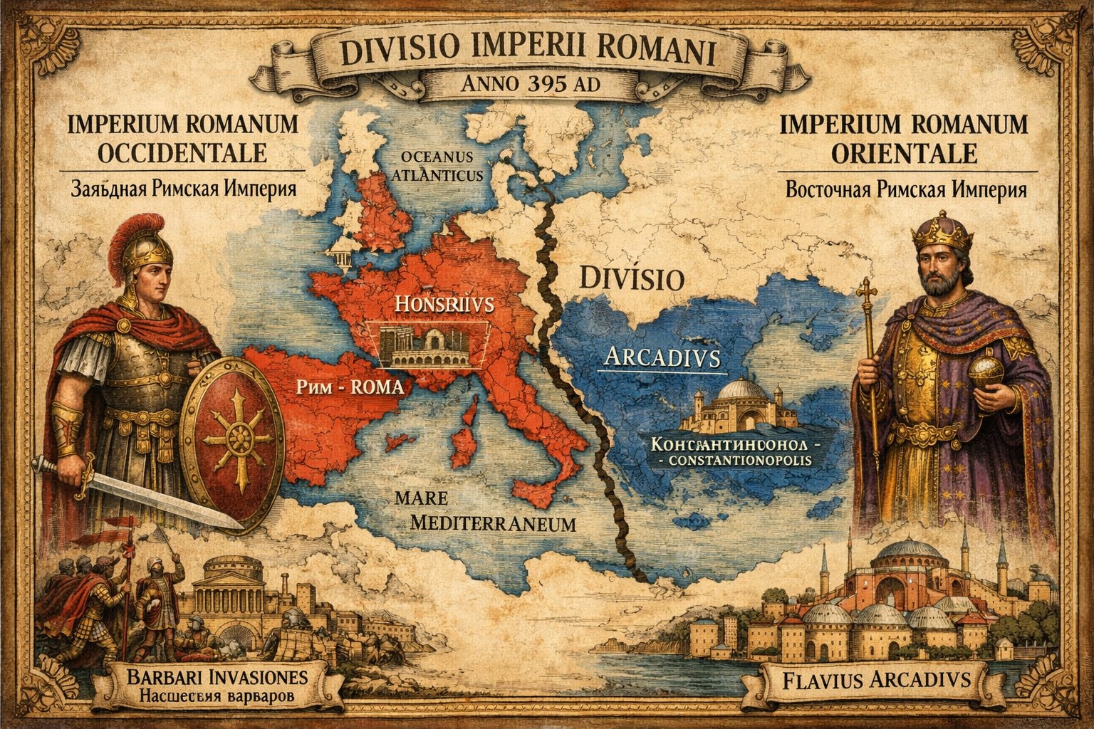 Harta împărțirii Imperiului Roman în Apus și Răsărit